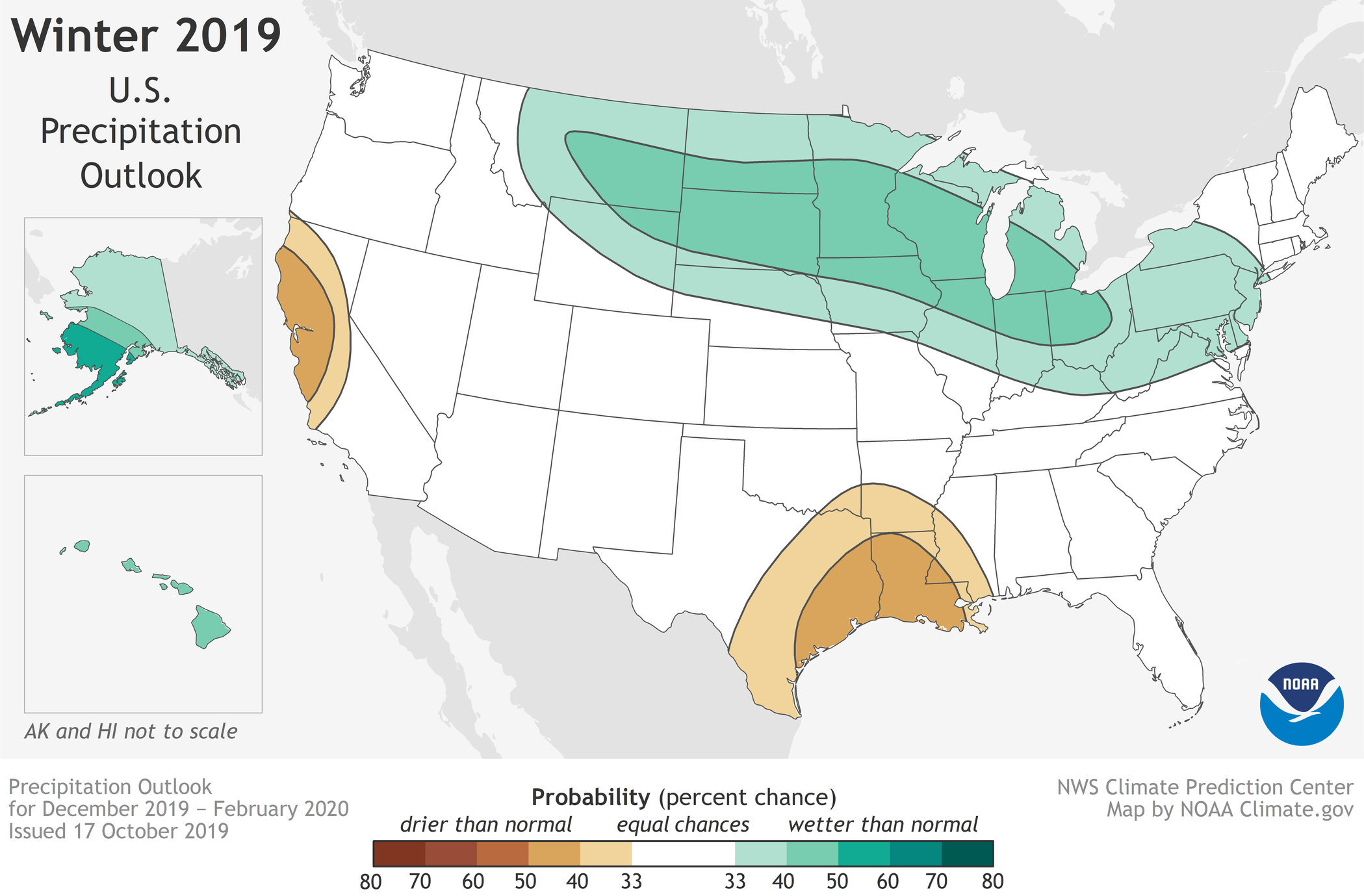 This 2019-20 Winter Outlook map for precipitation shows wetter-than-average weather is most likely across the northern tier of the U.S. this coming winter. 