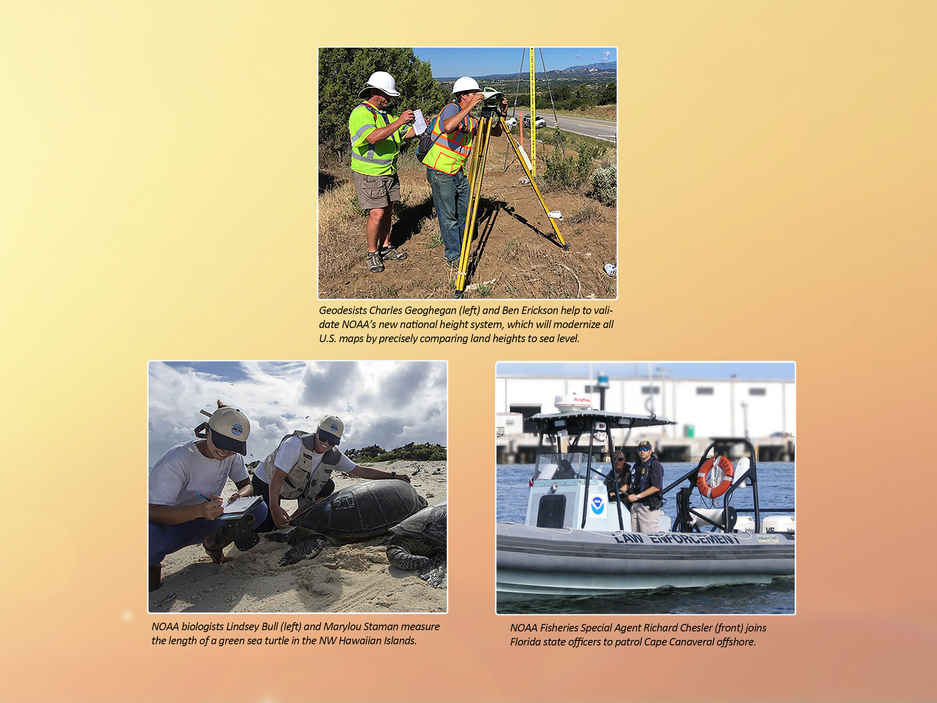 Three examples of NOAA staff working in the heat.