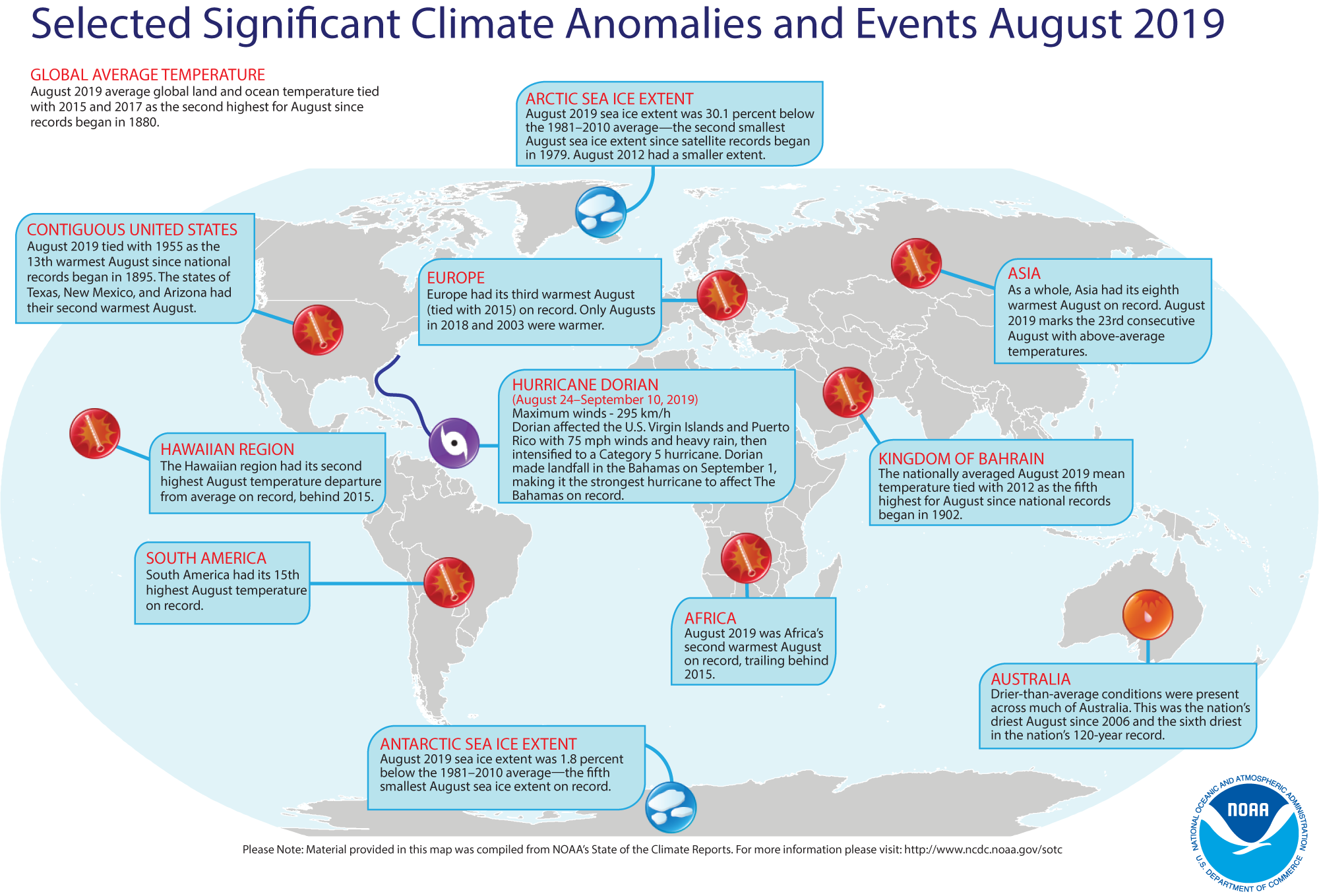 An annotated map of the world showing notable climate events that occurred around the world in August 2019. For details, see the short bulleted list below in our story.