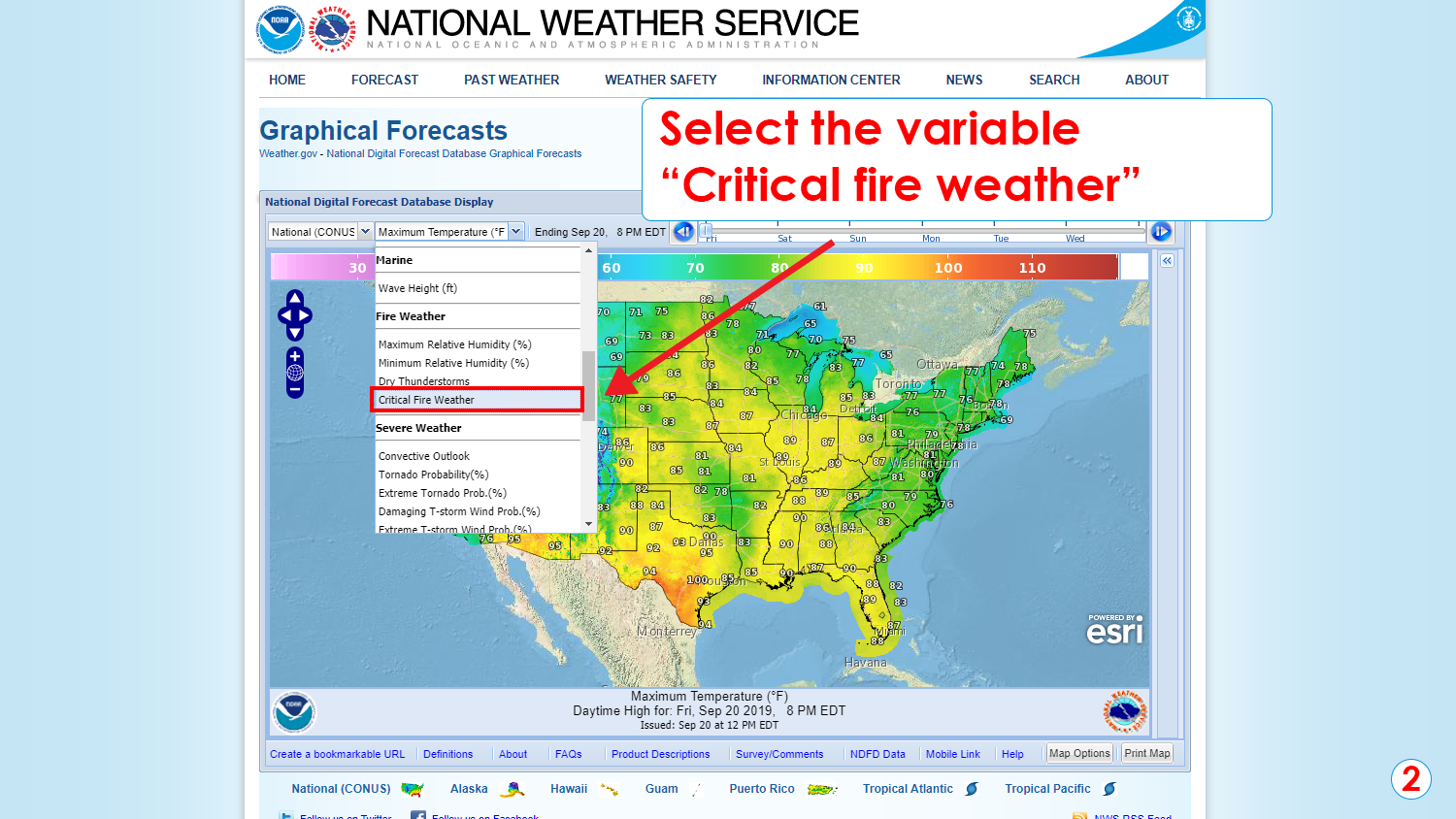 Step 2: Select the variable "Critical fire weather" from the second drop-down menu from the left. 