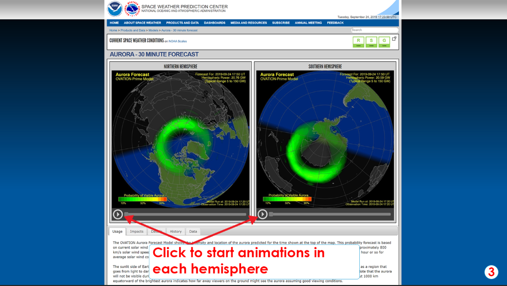 Step 3: Click the play button at the bottom left of each animation to start animations of the aurora in each hemisphere. 