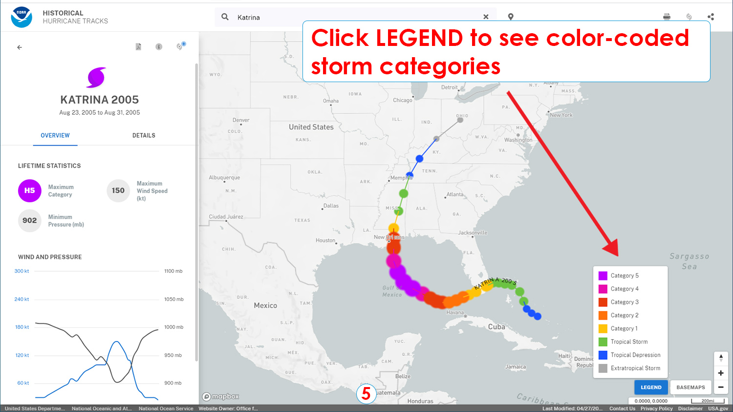 Step 5: Click LEGEND to see color-coded storm categories.