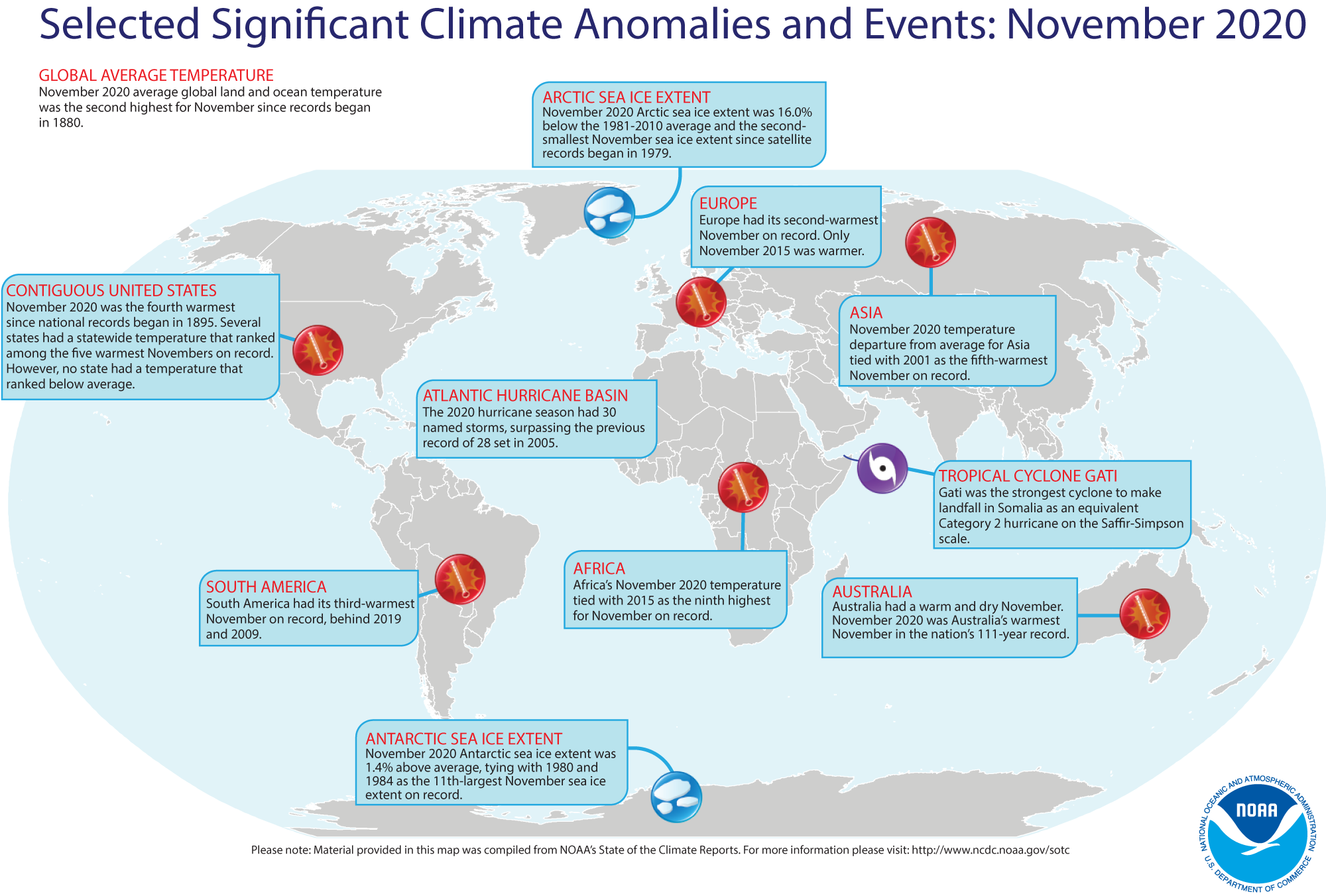 An annotated map of the world showing notable climate and weather events that occurred during November 2020. For text details, please visit http://bit.ly/Global202011.