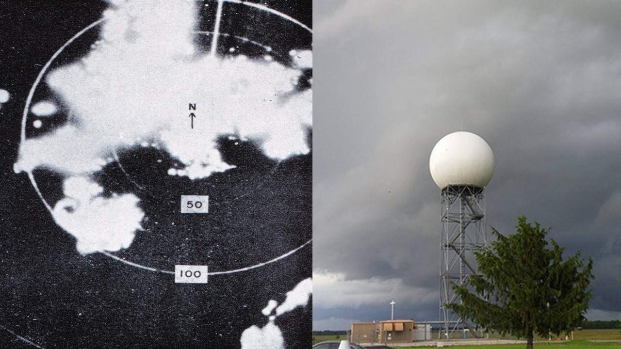 Left: An early radar image and (right) a current operational radar dome in Tampa, Florida.