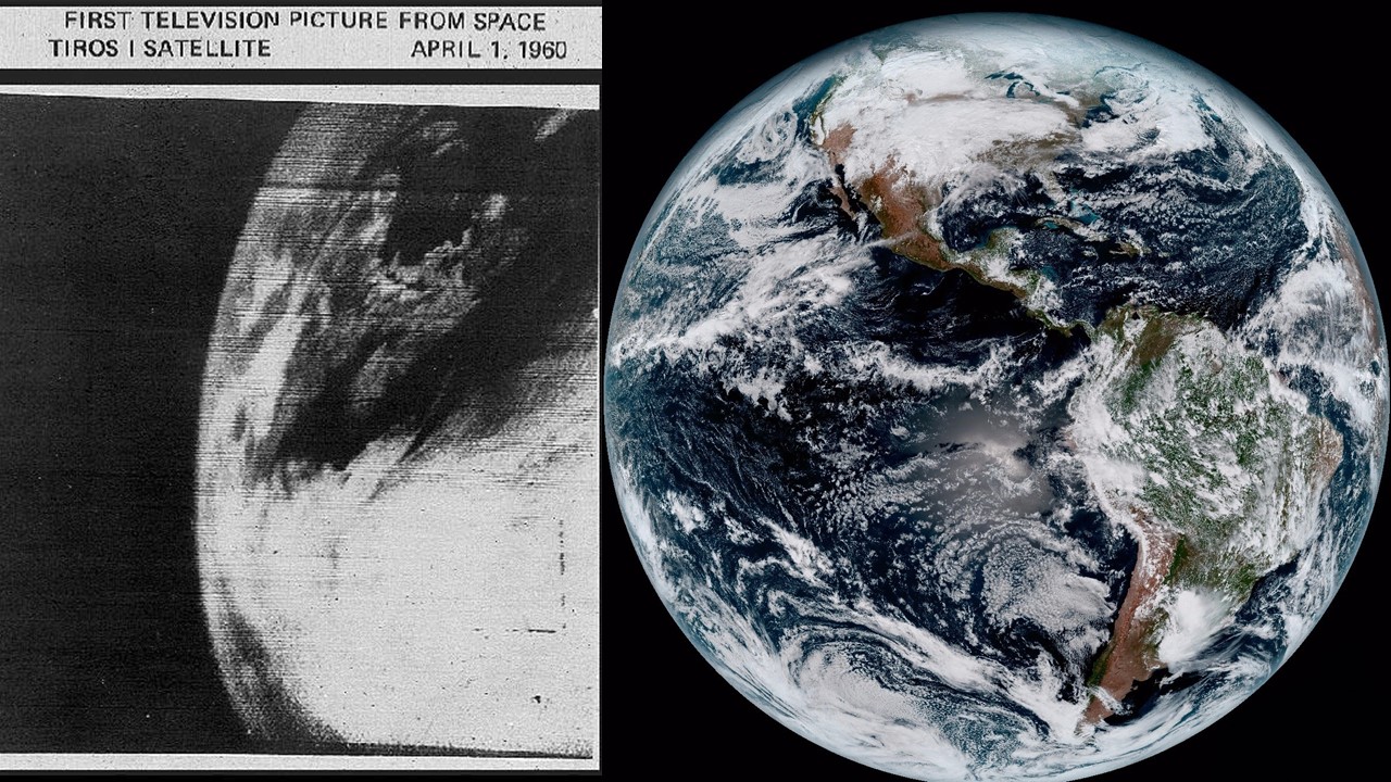 Left: First image from TIROS-1 on April 1, 1960, (Credit: NASA) alongside the first composite color full-disk visible image of the Western Hemisphere captured from NOAA GOES-16 satellite at 1:07 pm EST on Jan. 15, 2017. 