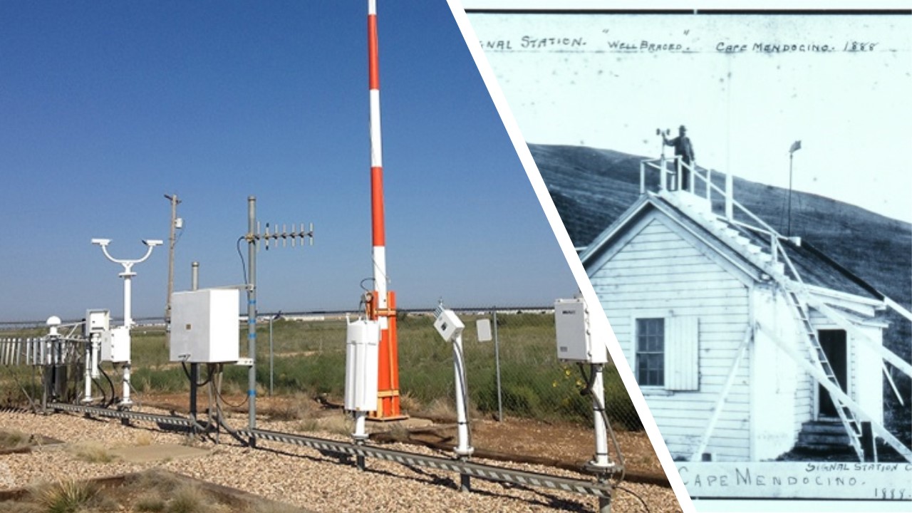 Left: ASOS at the Childress Municipal Airport in Childress, Texas. Credit: NOAA. Right: Signal Station, Army Camp Mendocino (California), 1888. 