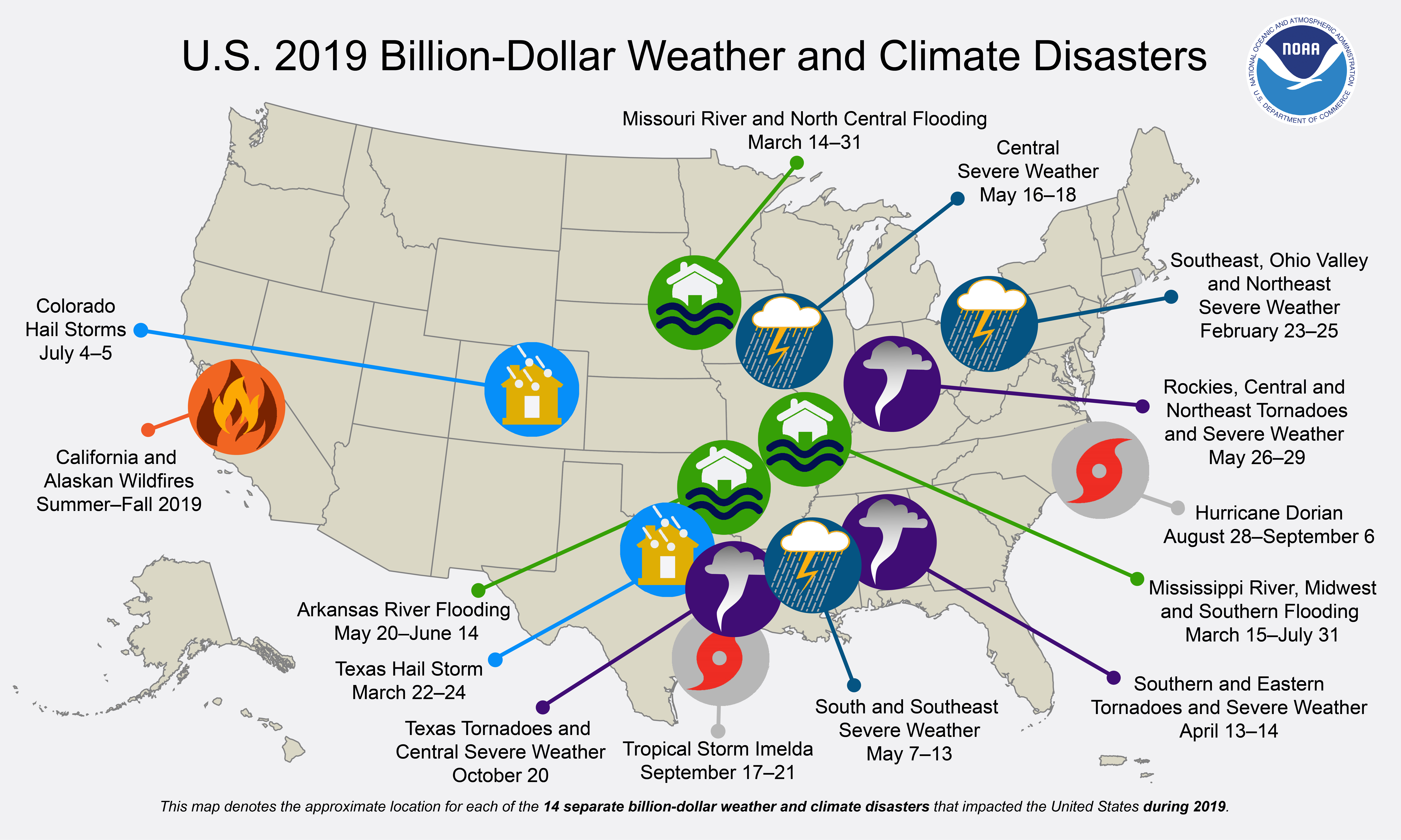 This U.S. map shows the locations of all 14 billion-dollar disasters that happened across the country in 2019.