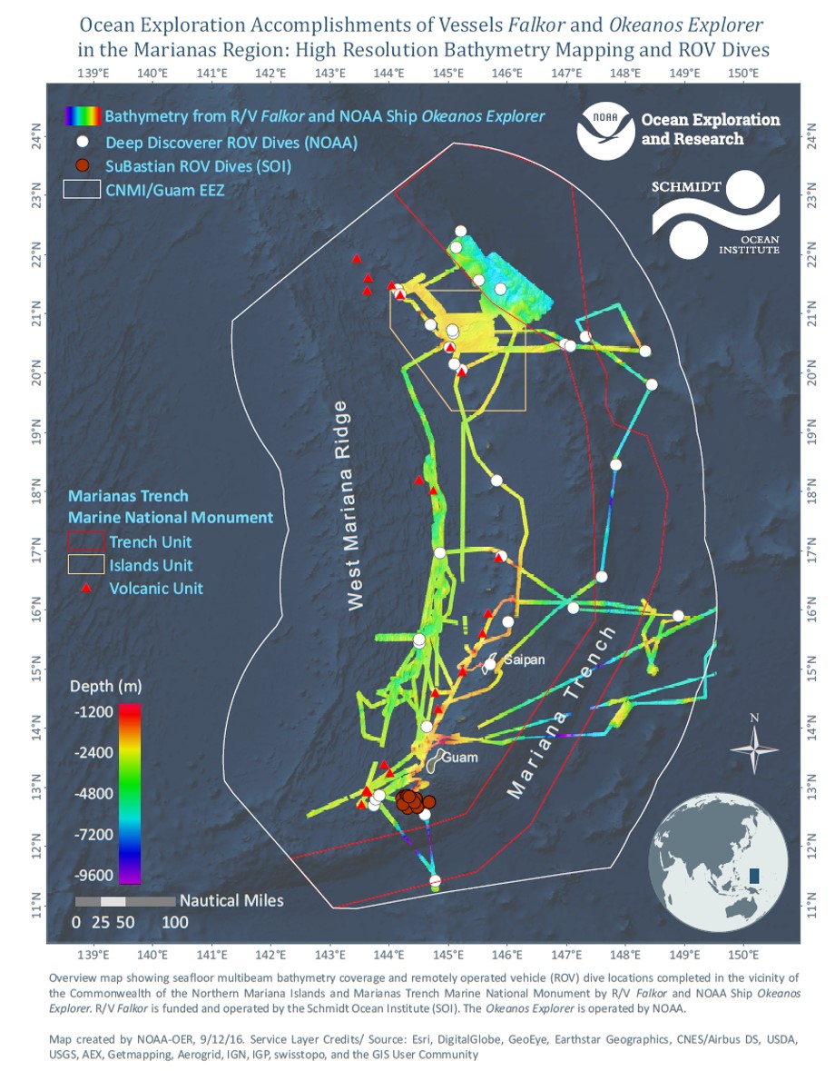 A collaborative map demonstrating joint seafloor mapping efforts from NOAA's Office of Ocean Exploration and Research vessel Okeanos and Schmidt Ocean Institute's research vessel Falkor.
