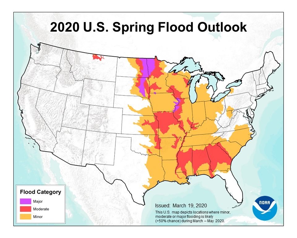 This map depicts the locations where there is a greater than 50-percent chance of major, moderate or minor flooding during the spring period of March through May 2020.