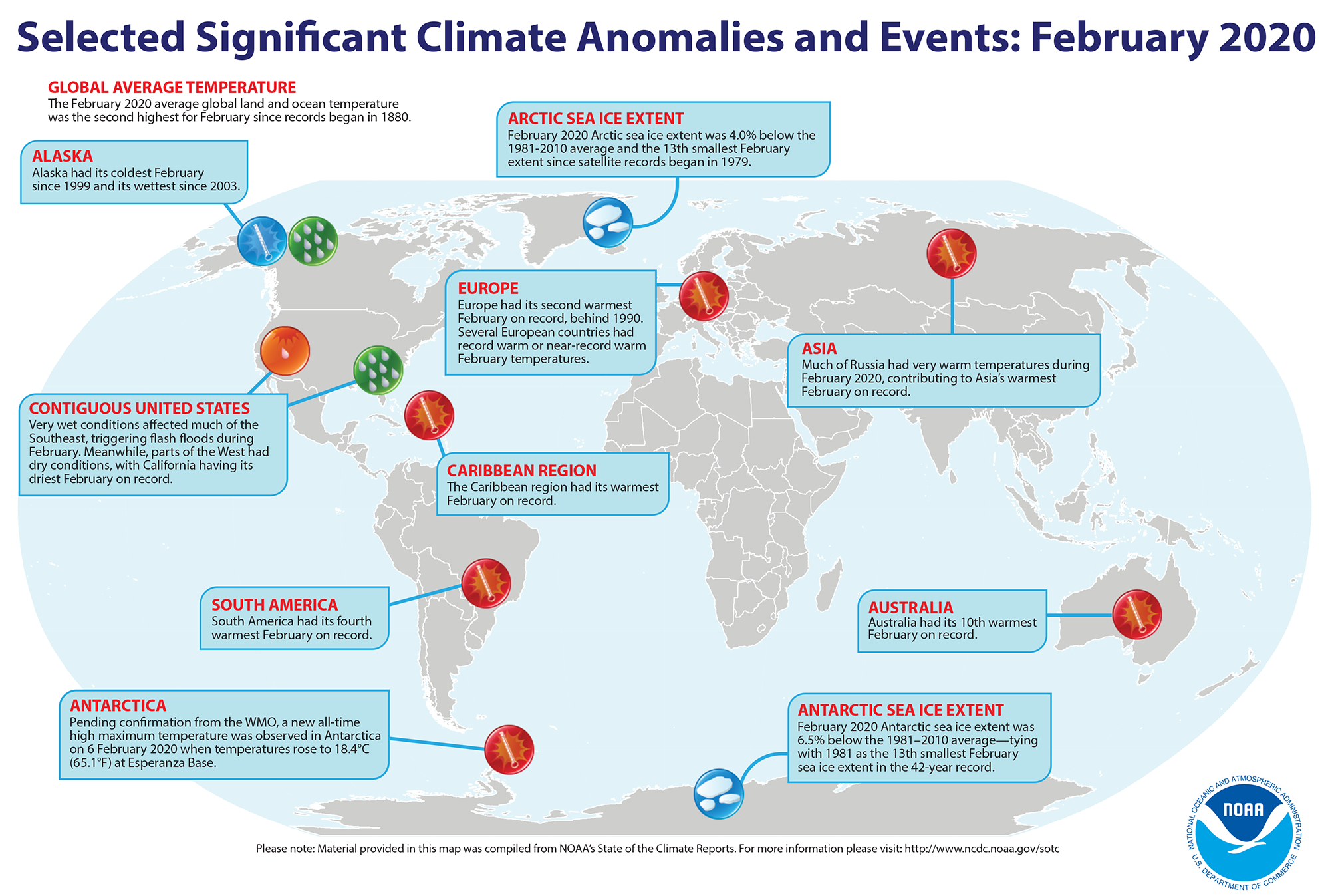 A map of the world noting some of the most significant weather climate events that occurred during February 2020. For more details, see the bullets below in this story and at http://bit.ly/Global202002.