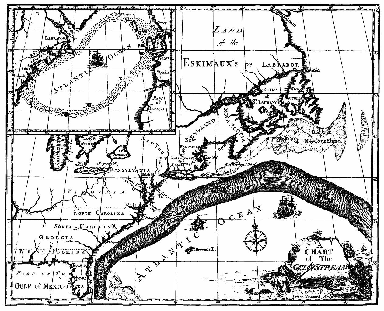 In 1769, Benjamin Franklin published this first scientific chart of the Gulf Stream, a fast-moving current that sweeps up from Florida, then along the East Coast and across the Atlantic to Europe.

Franklin called it “a river in the ocean,” and predicted that staying in this current could speed mail delivery to Europe and shave valuable time off long and often treacherous shipping routes. He produced this chart showing a darkened Gulf Stream, opening the potential to nearly double travel speed.