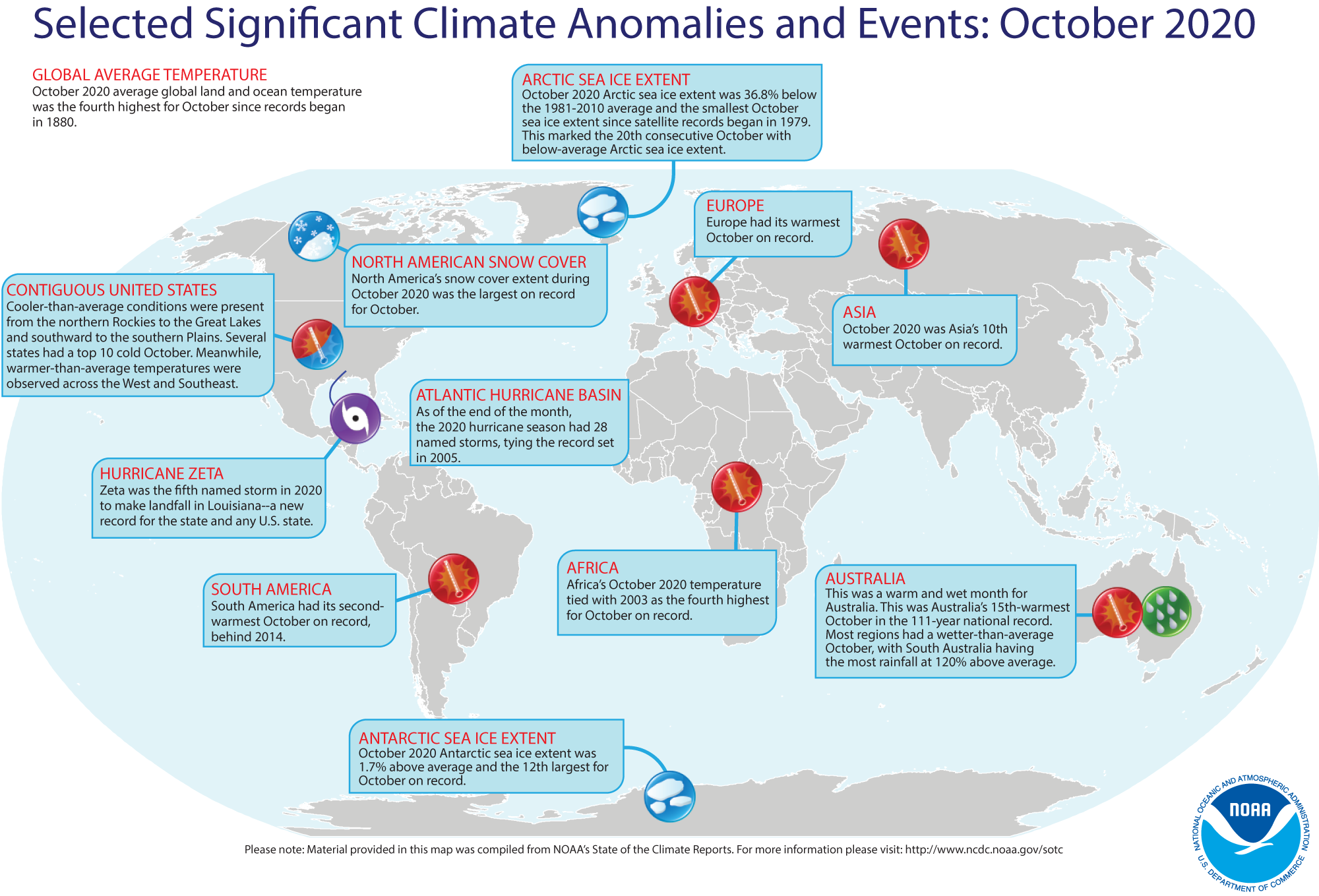 An annotated map of the globe showing notable climate and weather events that occurred across the country during October 2020. For text details, please visit http://bit.ly/Global202010.