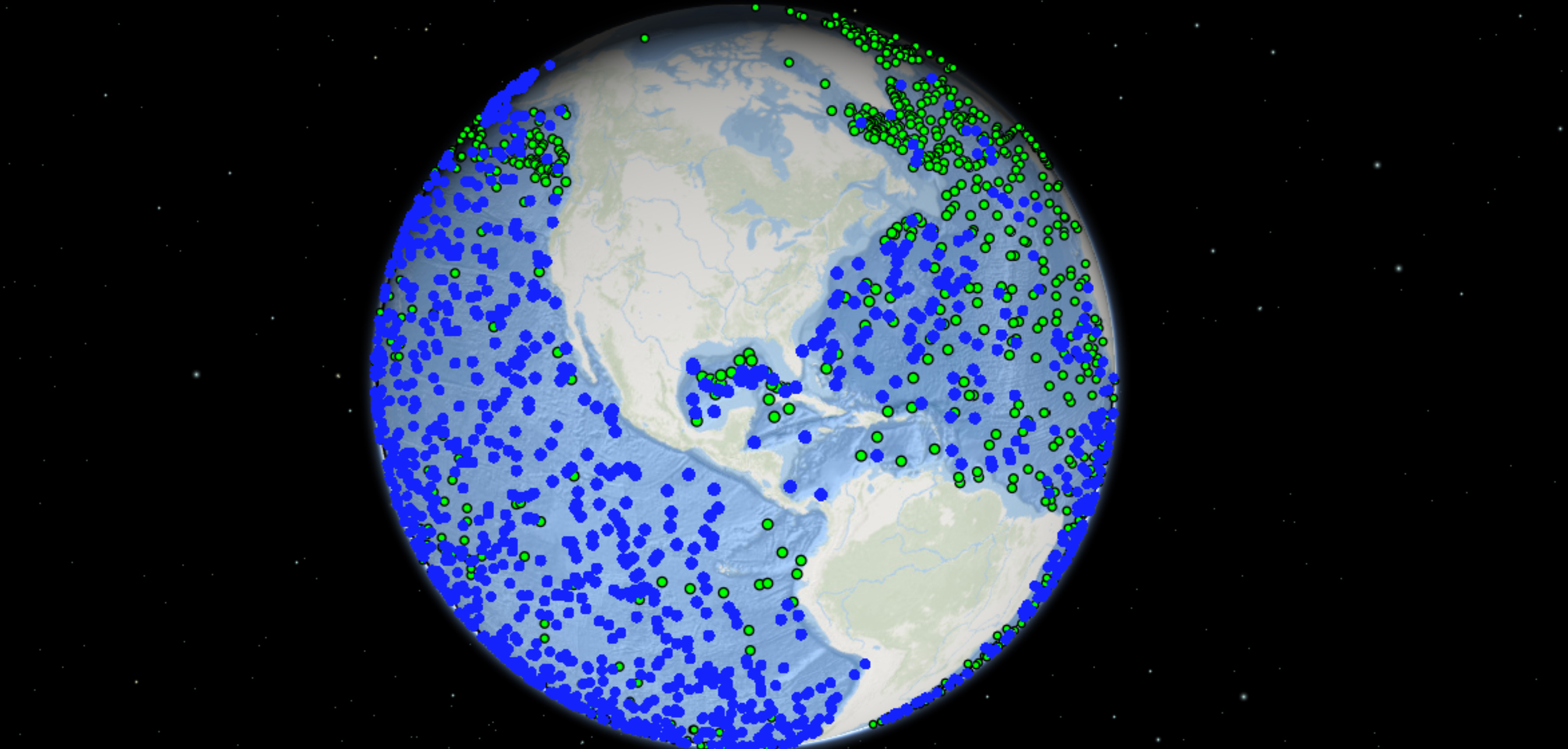This interactive map identifies worldwide sites of the Argo array. As shown by blue dots, the U.S. provides about half of this array, funded mostly by NOAA with contributions from partner agencies. Green dots reflect the contributions of other nations.