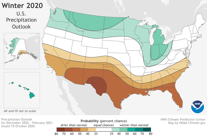 This 2020-2021 U.S. Winter Outlook map for precipitation shows wetter-than-average weather is most likely across the Northern Tier of the U.S. and drier-than-average weather is favored across the South. 