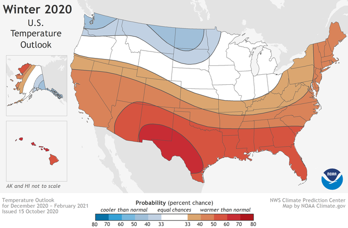 This U.S. Winter Outlook 2020-2021 map for temperature shows above-average temperatures are likely in the South and below-average temperatures likely in parts of the North. 