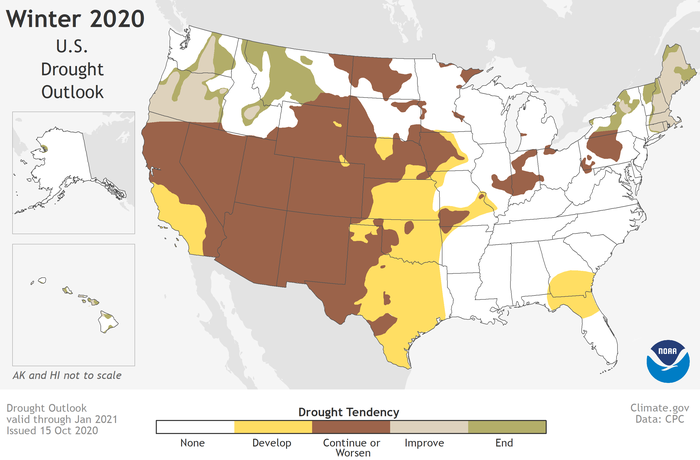 This seasonal U.S. Drought Outlook map for November 2020 through January 2021 predicts persistent drought across much of the Western U.S. in the months ahead. 