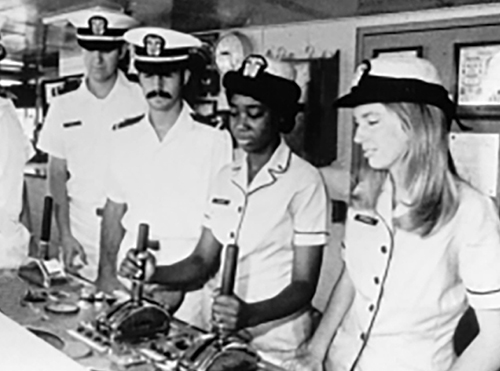 In 1973, then Ensign Evelyn Fields (third from left) joined other NOAA Corps members in performing bridge operations. In 1999, and as RADM Evelyn Fields, she became the first woman and first African American to become director of NOAA Corps and NOAA’s Office of Marine and Aviation Operations.