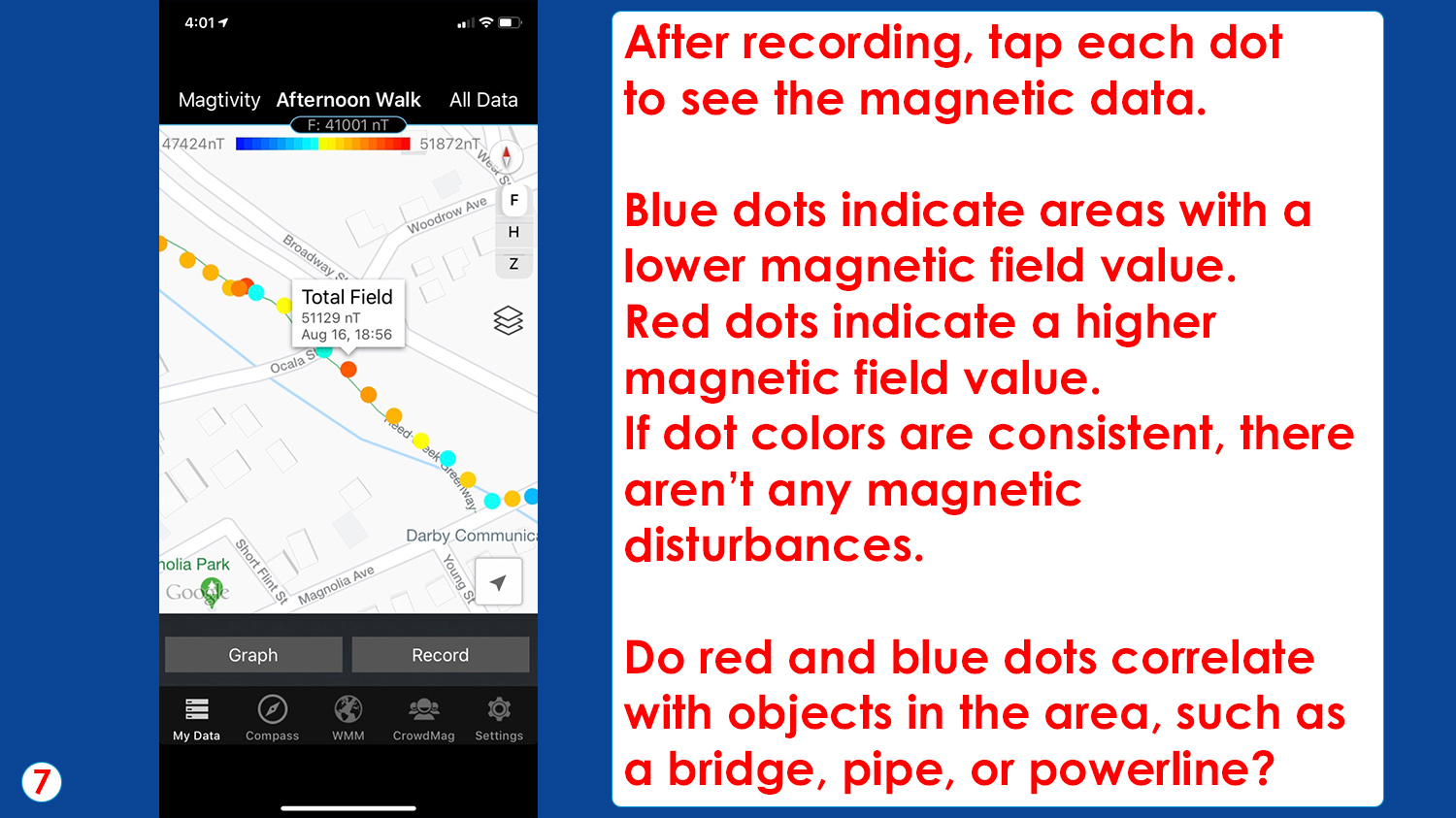 After recording, tap each dot to see the magnetic data. 

Blue dots indicate areas with a lower magnetic field value. Red dots indicate a higher magnetic field value. If dot colors are consistent, there aren’t any magnetic disturbances.

Do red and blue dots correlate with objects in the area, such as a bridge, pipe, or powerline?  