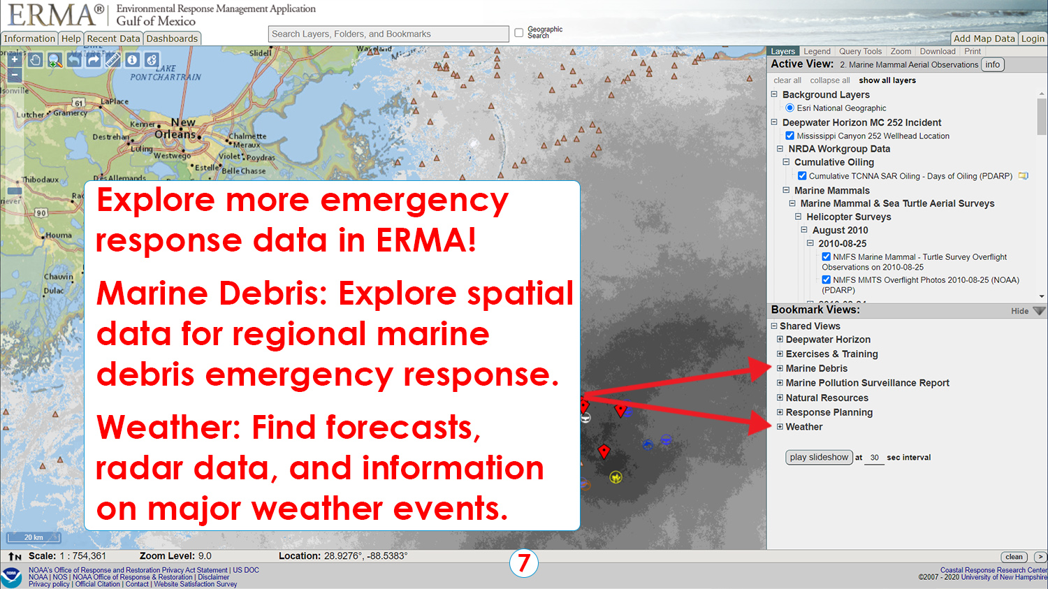 Step 7: Explore more emergency response data in ERMA!
Marine Debris: Explore spatial data for regional marine debris emergency response.
Weather: Find forecasts, radar data, and information on major weather events.