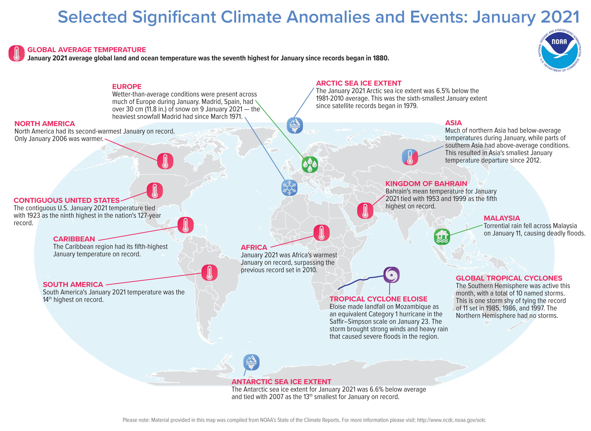 An annotated map of the world plotted with some of the most significant climate events that occurred during January 2021. Please see the story below as well as the report summary from NOAA NCEI at http://bit.ly/Global202101.