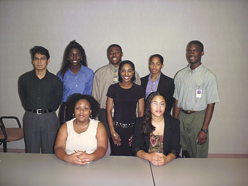 2001 EPP/MSI undergraduate scholars. Front (left to right): Erica Alston, Jorge Peche. Back (left to right): Evelenda Ford, Penny Mays, Alfonso Craig, Kristina Dawsey, Dawn Harris. Jonathan Smith.