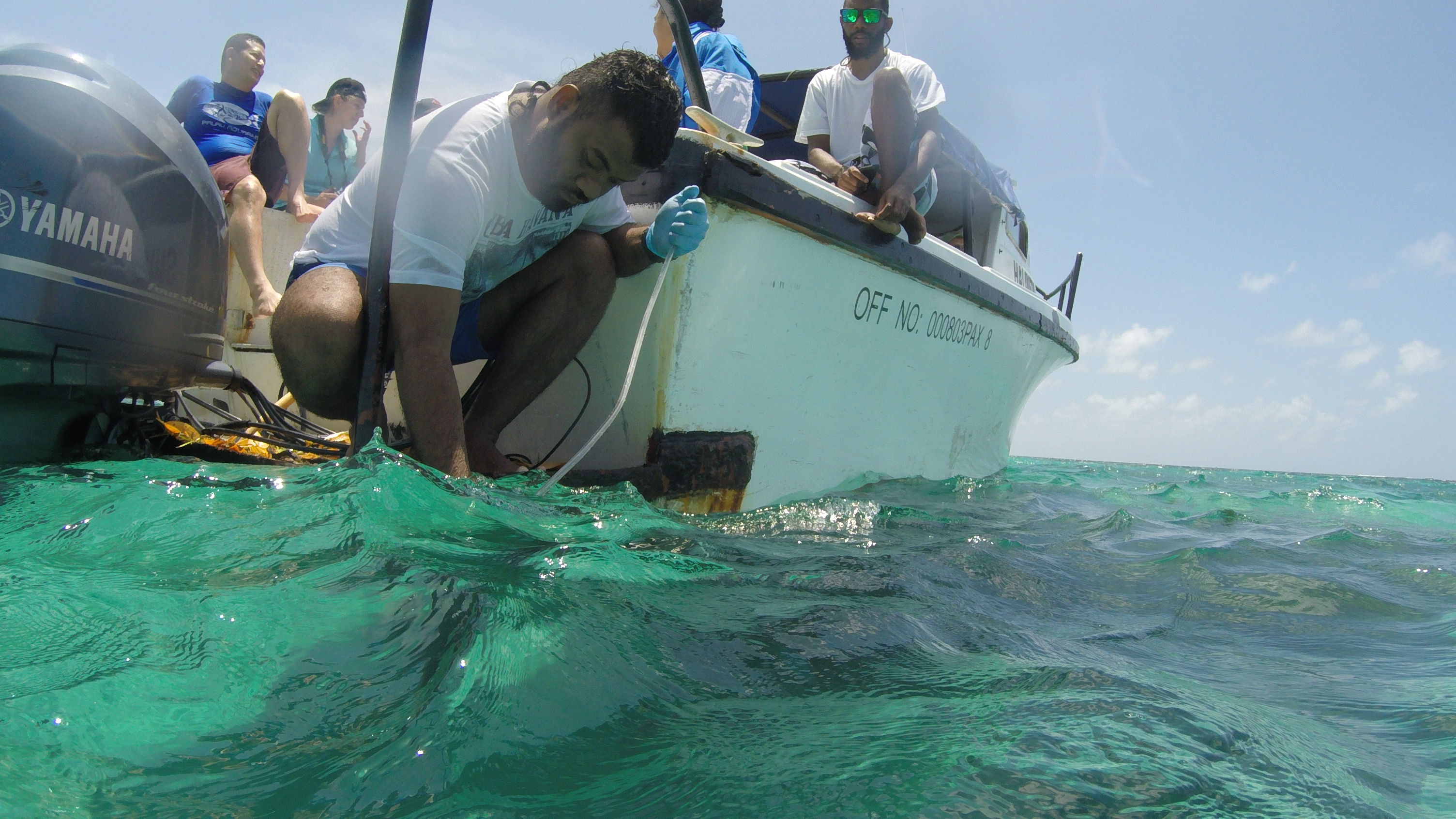 Scientists collect water samples during The Ocean Foundation-NOAA workshop on ocean acidification in Fiji. 