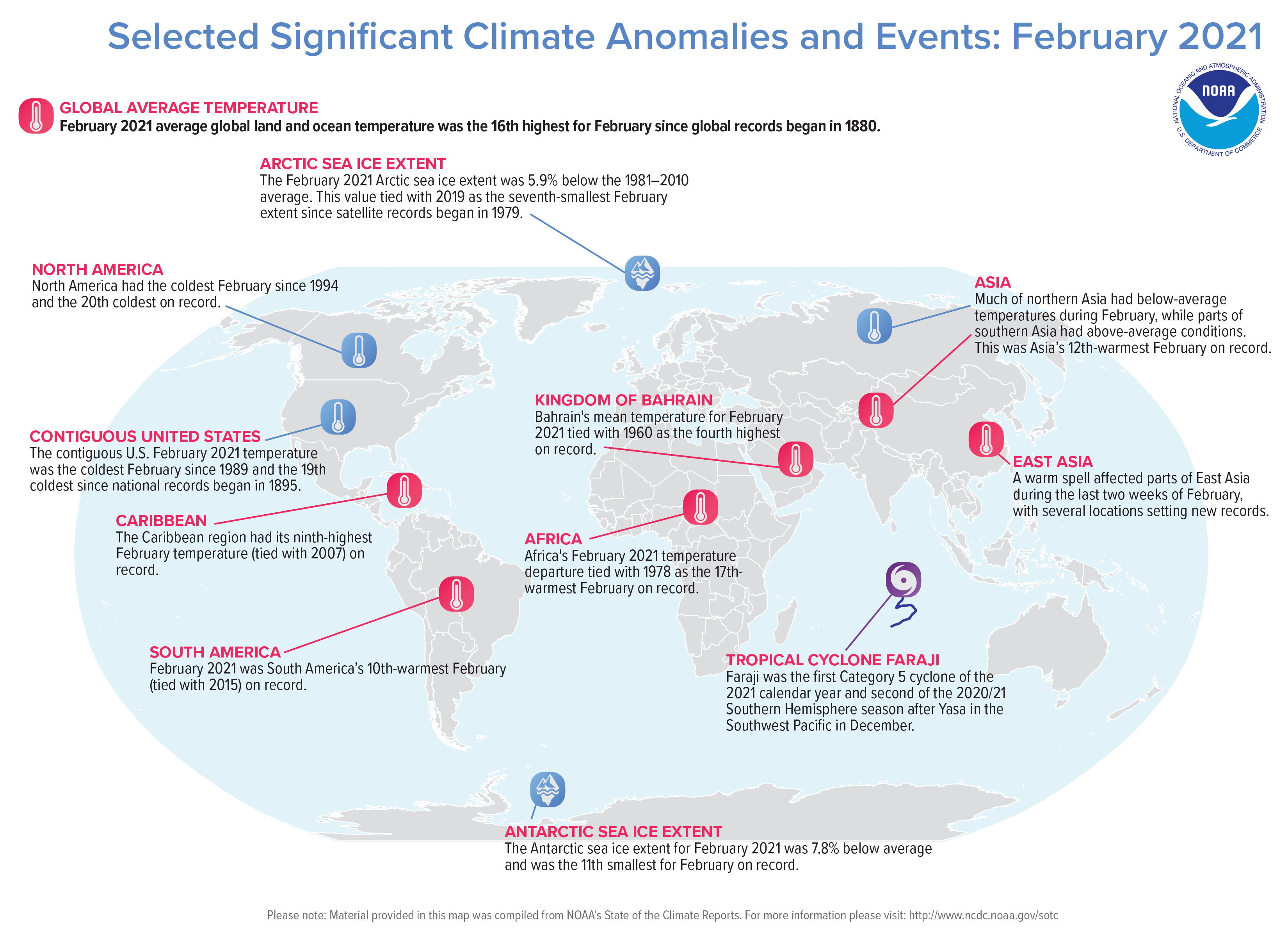 An annotated map of the world plotted with some of the most significant climate events that occurred during February and Winter 2021. Please see the story below as well as the report summary from NOAA NCEI at http://bit.ly/Global202102. 