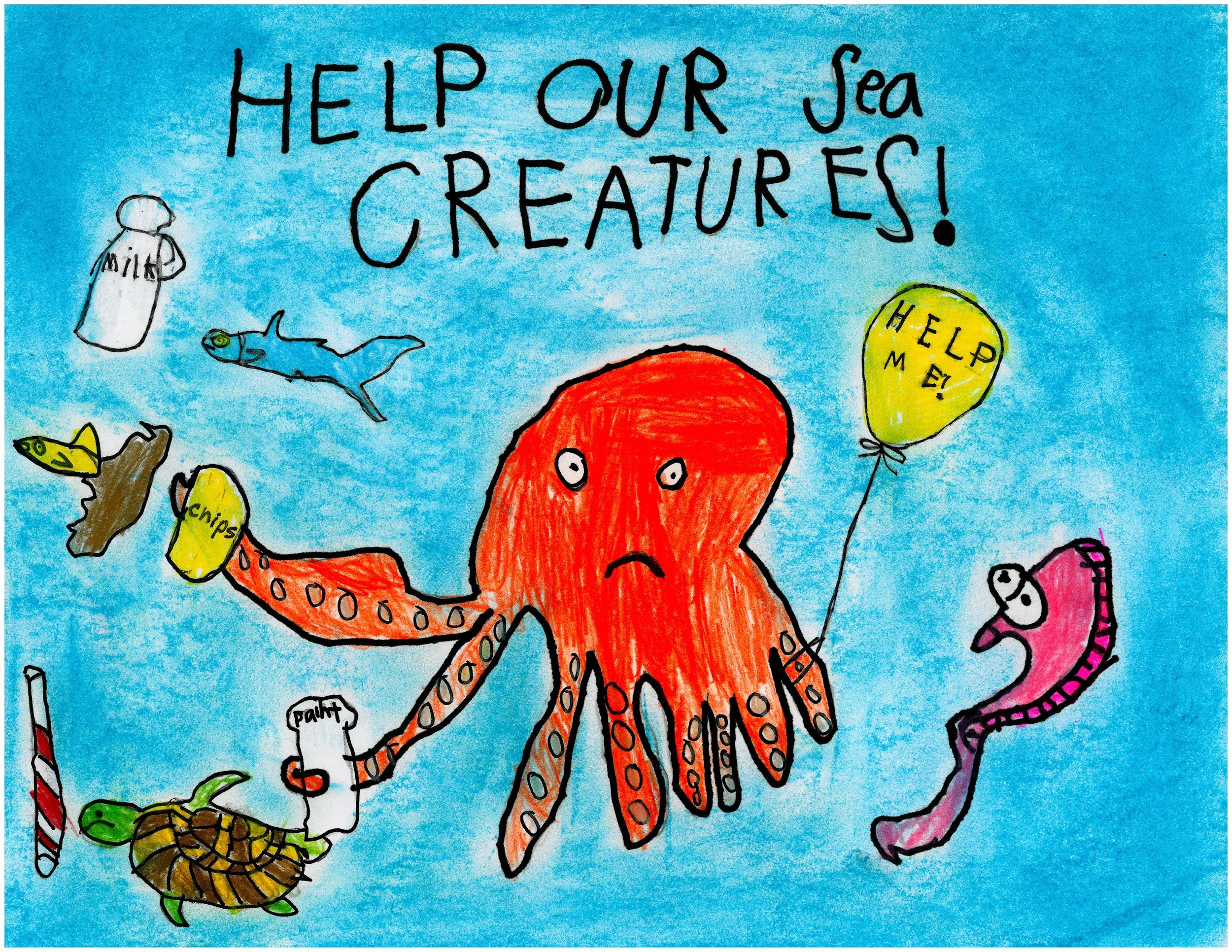 Text: Help our sea creatures! Image: Child’s artwork depicting an octopus, seahorse, and other marine creatures in the ocean. The octopus has a balloon wrapped around one of it's arms and the balloon reads, "Help me!" There is other marine debris, like plastic bottles and straws, floating around the animals.