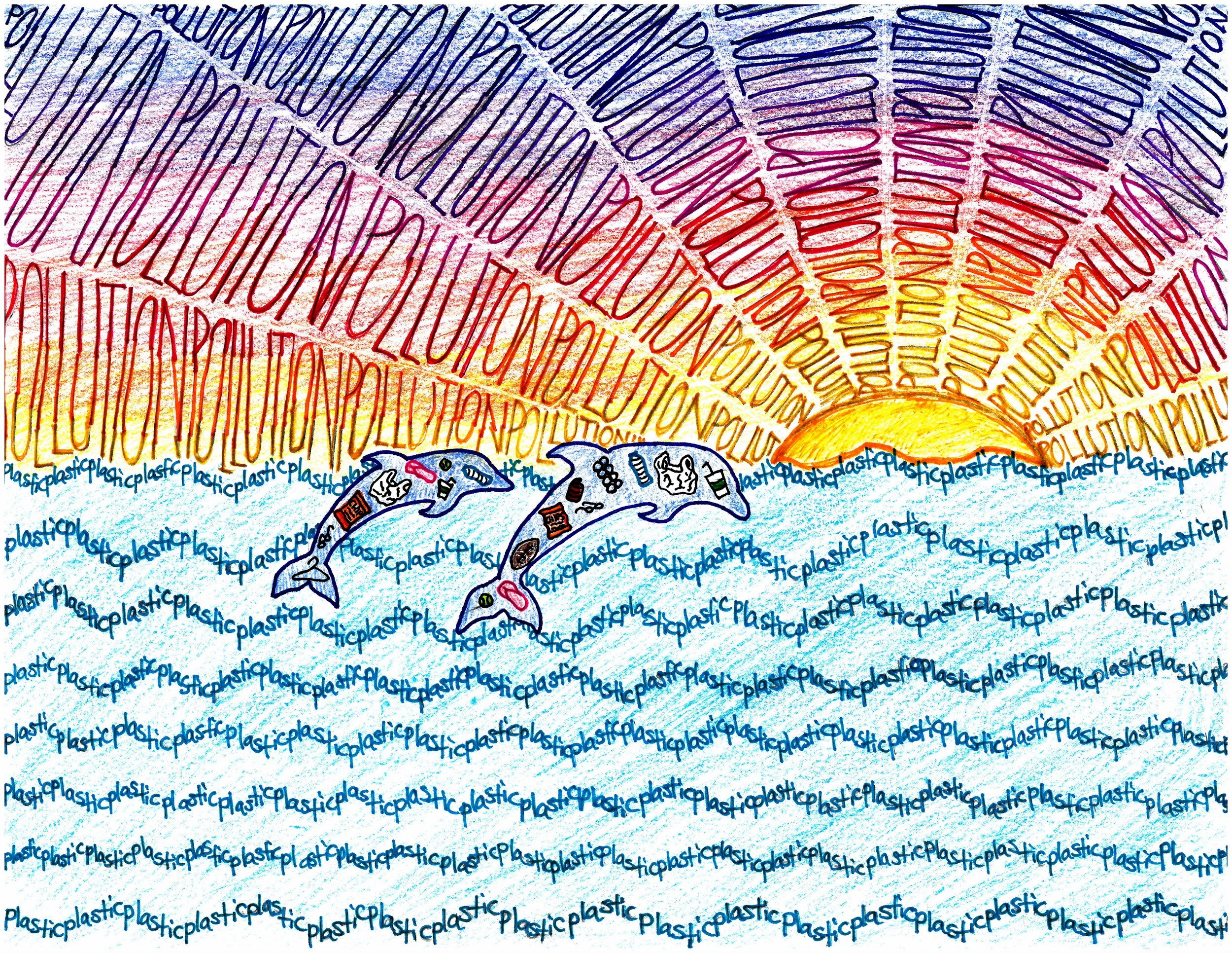 Child’s artwork depicting two dolphins surfacing with a sunset in the background. The ocean waves read the repetitive word "plastic" and the rays from the sun read "pollution." The dolphins have marine debris inside their bodies, such as plastic, straws, and other items.