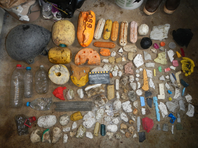 Marine debris of various sizes, materials, and colors, that were collected on a beach for the Marine Debris Monitoring and Assessment Project.