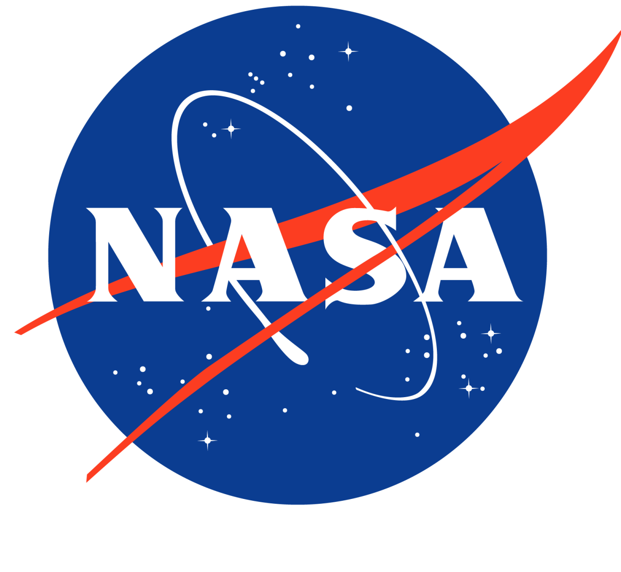 Image of NASA logo a deep blue circle with a field of stars scattered about behind the acronym NASA with a white ring orbiting the words and a red swooshed arrow behind and infront of the text