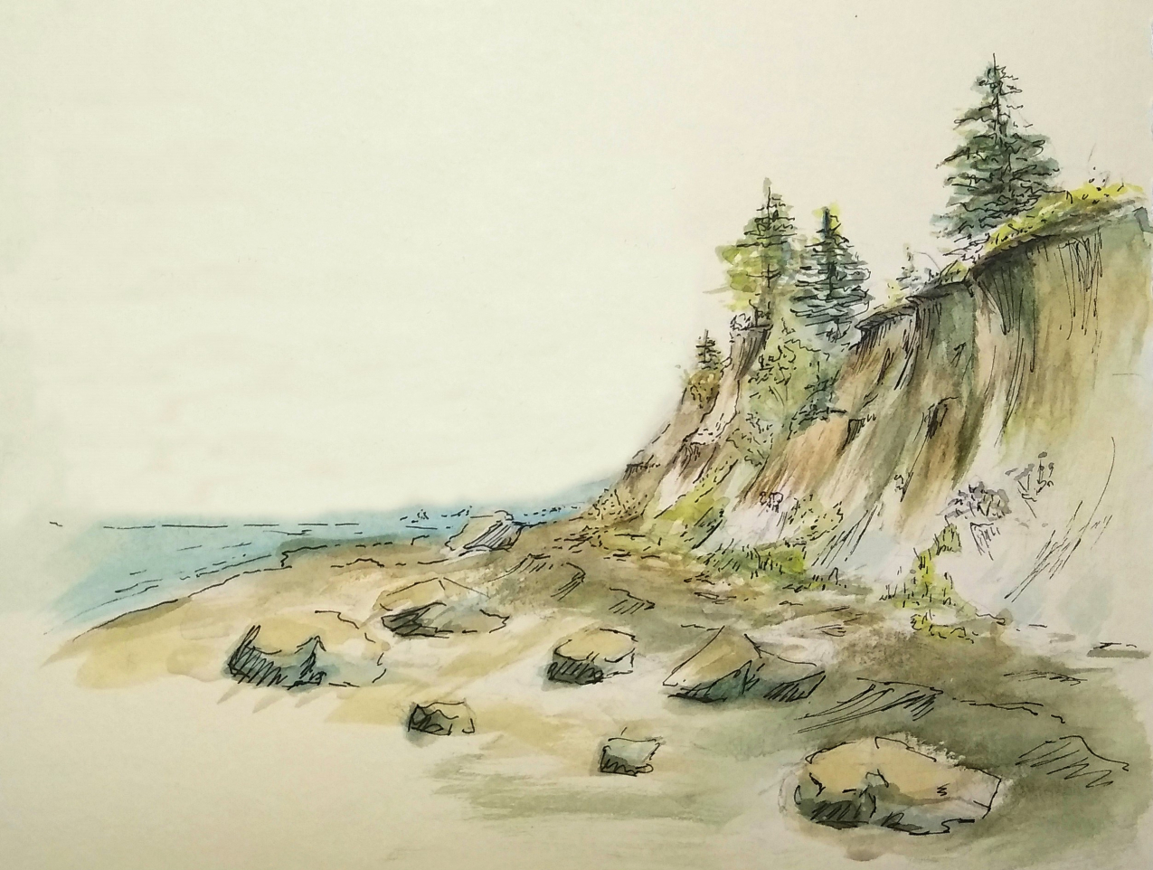 An eroded coastal cliffside with large rocks scattered at its base. A few conifers and shrubs hugs the top of the cliff. The painting evokes a sense of downward movement along the cliff towards calm water.