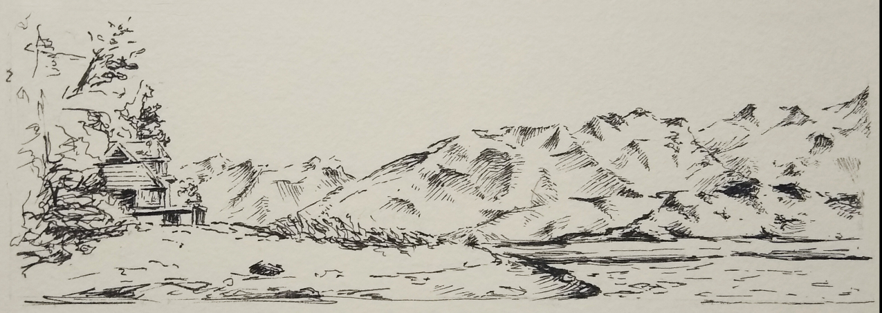 A pen sketch of a raised coastal home nested in trees and vegetation. Mountains extend beyond the house and alongside the coastal waters. 
