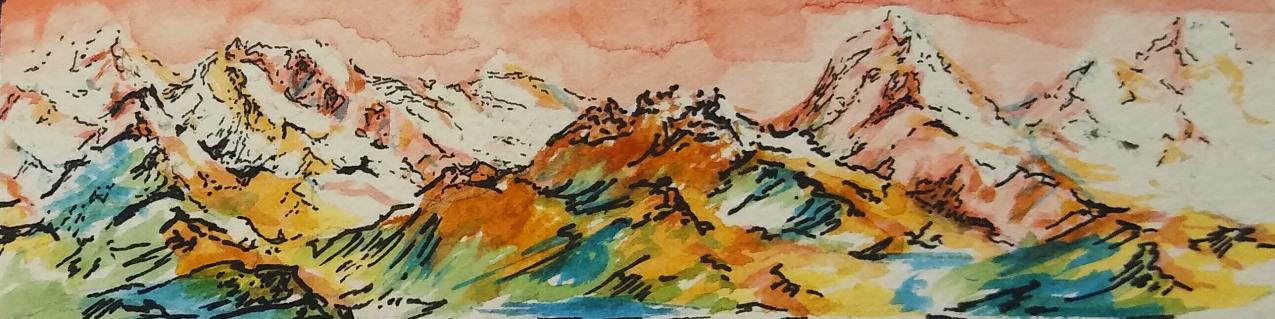 A mountain range against a red watercolor sky. The mountains are painted in greens, blues, oranges, and reds. 