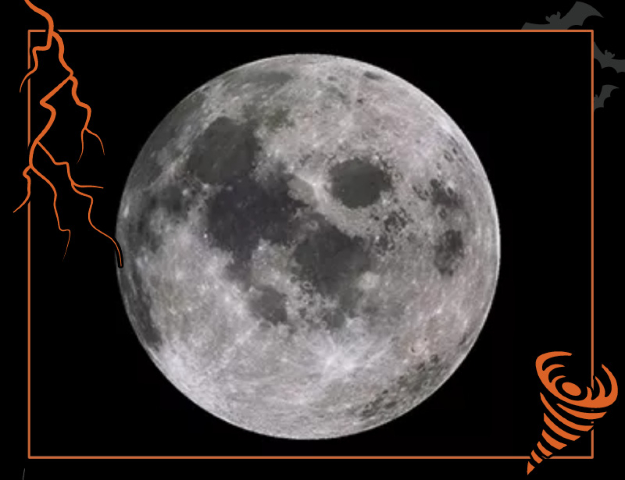 A satellite image of the moon. Border of the photo is black with orange atmospheric graphics of a lightning bolt and a tornado. Text: An ode to the moon, #NOAASpookyScience with NOAA logo.