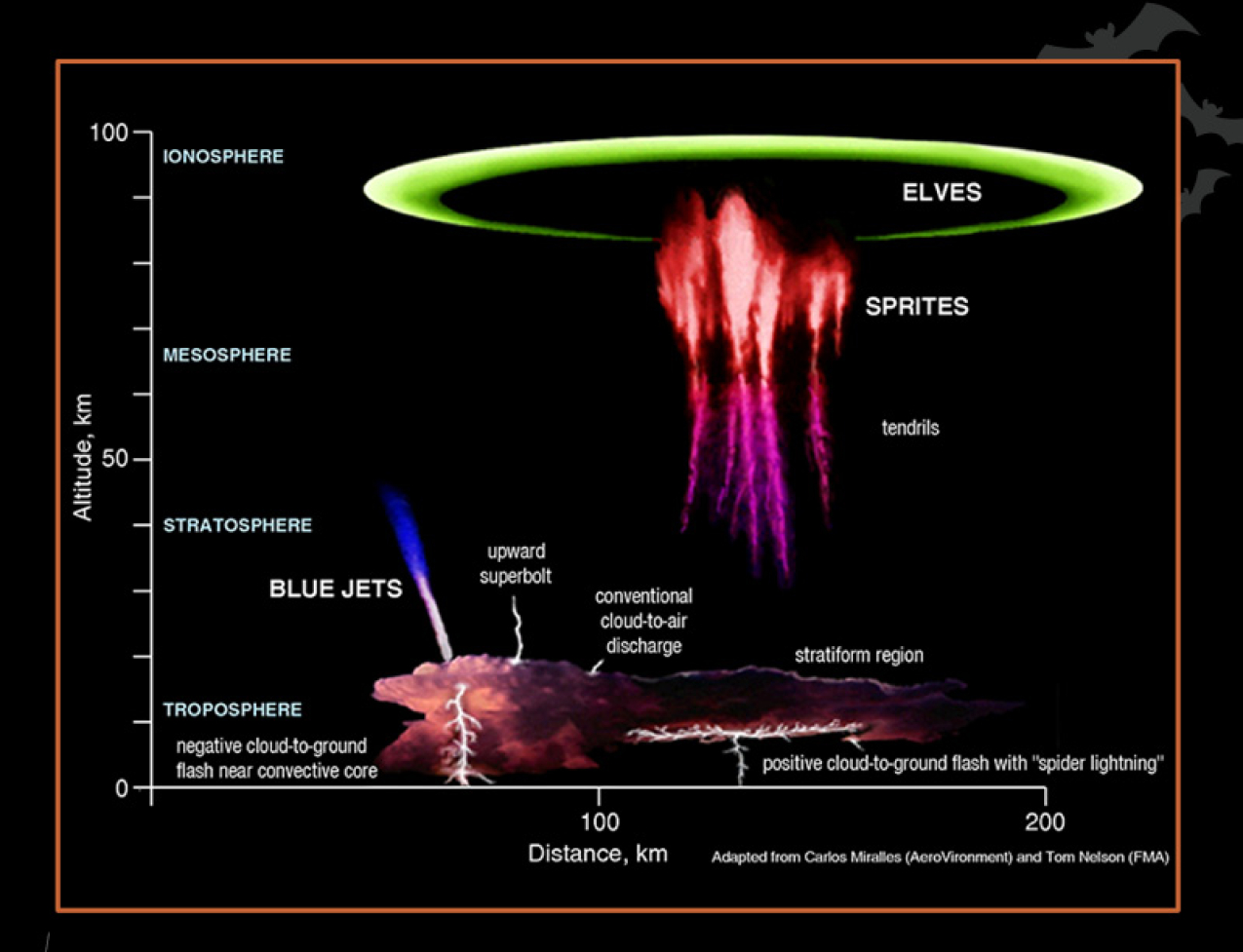 An illustration of different kinds of transient luminous events (TLEs). Border of the photo is black. Text: Beyond the bolt: Lightning types, #NOAASpookyScience with NOAA logo.