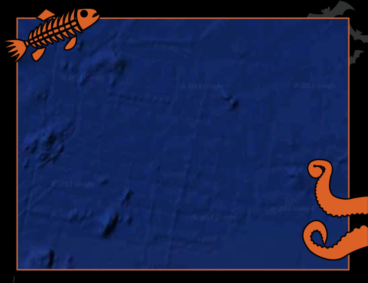The lines seen here show the paths taken by ships using sonar to map small sections of the ocean floor in greater detail. Border of the photo is black with orange sea creature graphics of octopus tentacles and a fish skeleton. Text: Did I find Atlantis? #NOAASpookyScience with NOAA logo.