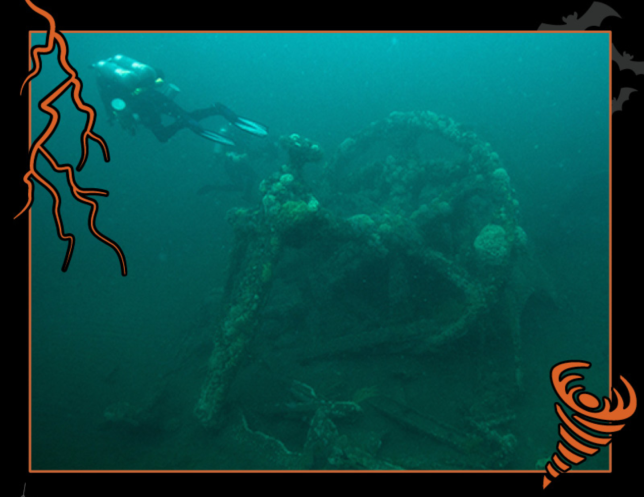 Stern section of City of Atlanta shipwreck. Border of the photo is black with orange sea creature graphics of octopus tentacles and a fish skeleton. Text: Exploring shipwrecks, #NOAASpookyScience with NOAA logo.