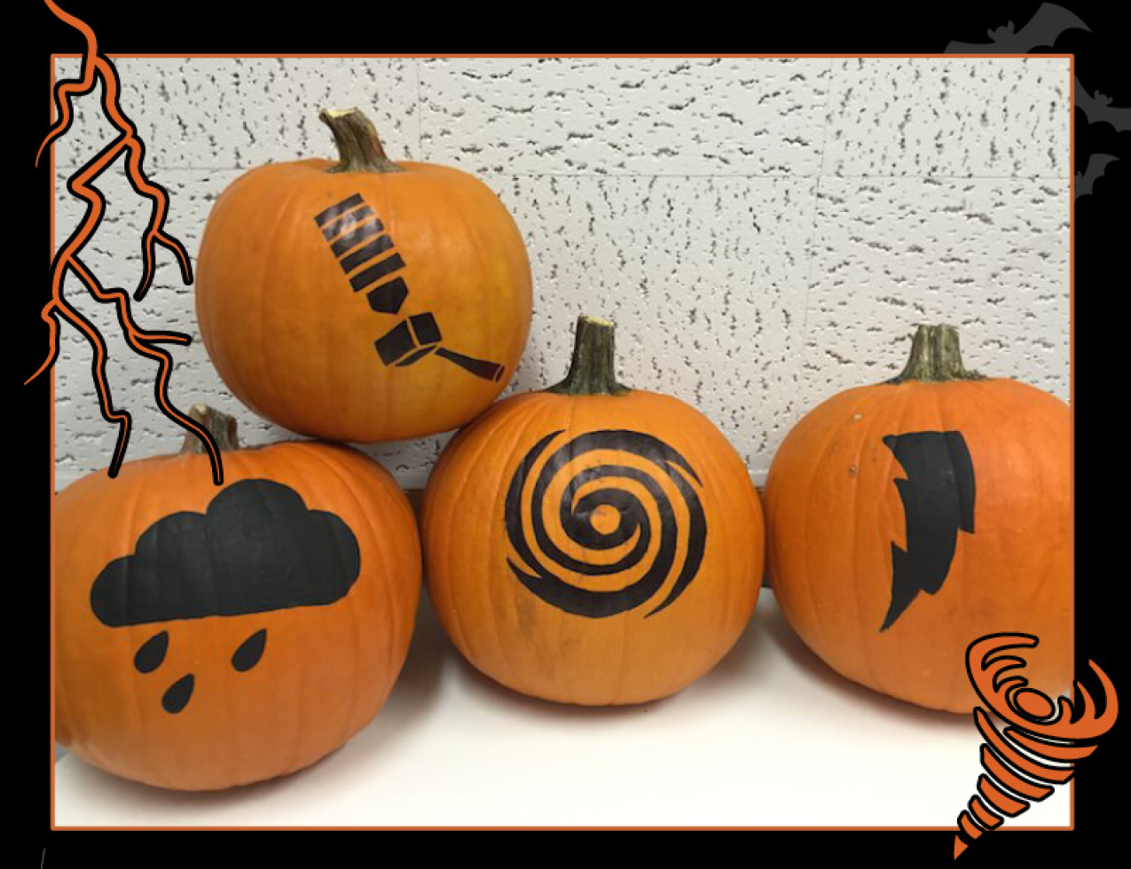 Four pumpkins with black painted graphics on them of a rain cloud, a spiral, a lightning bolt, and a satellite. Border of the photo is black with orange atmospheric graphics of a lightning bolt and a tornado. Text: Paint your own pumpkins, #NOAASpookyScience with NOAA logo.