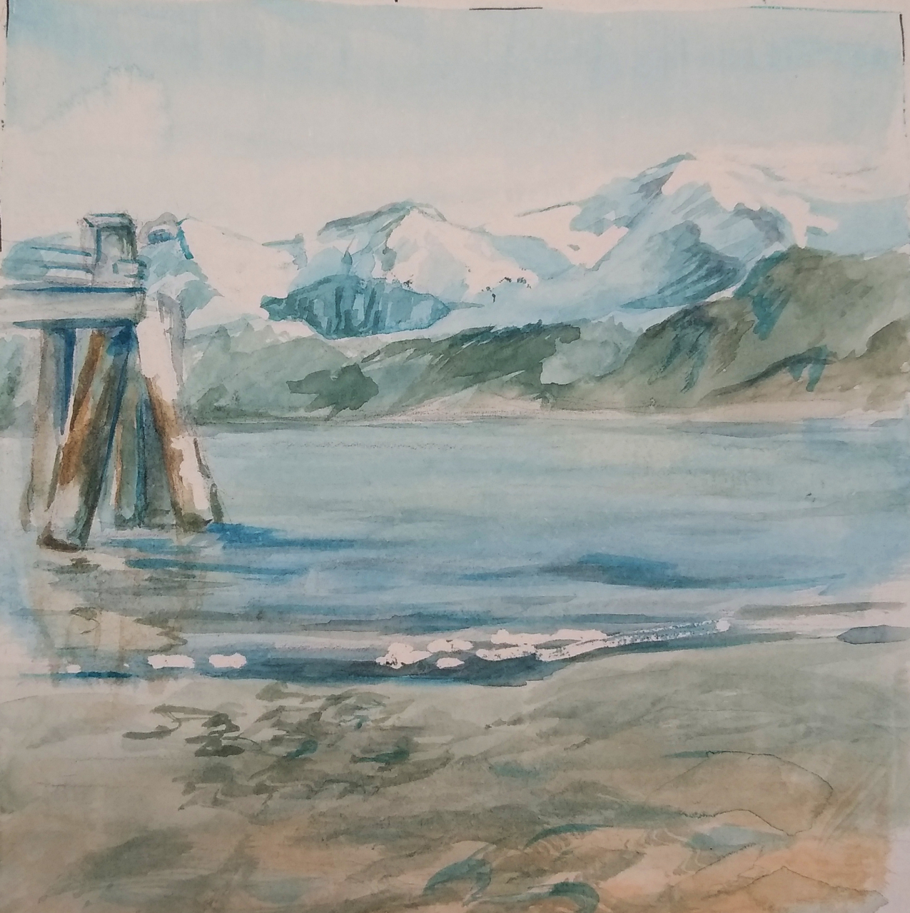 A calm watercolor painting of coastal waters with a mountain range in the background. The water is painted calmly, with a gentle tide.