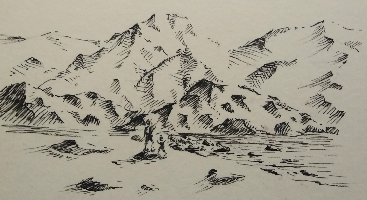 An ink sketch of a rocky beach and mountains in the background. Two people are on the beach, small next to the mountains. The childlike figure appears to be running with arms up, while an adult figure stands on a rock next to the child and looks towards the mountains.