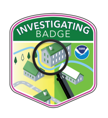 The investigating badge shows a map with several buildings and a magnifying glass.