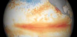 Tropical Pacific sea surface temperature patterns for March 2016, showing El Niño conditions.