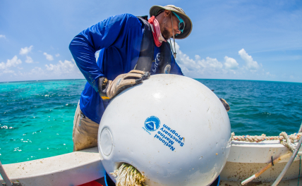 Photo showing the deployment of a mooring buoy used in the  Florida Keys National Marine Sanctuary.