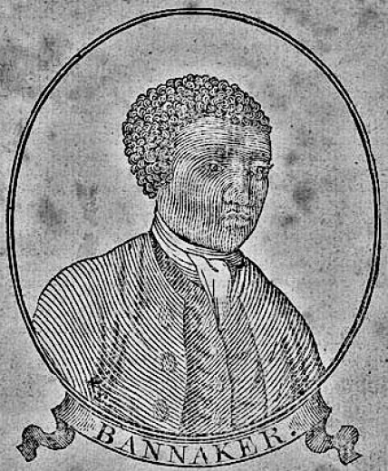 Woodcut of Benjamin Banneker from the title page of a Baltimore edition of his 1795 Pennsylvania, Delaware, Maryland, and Virginia Almanac. He wears a dark-colored waistcoat and coat, and a light-colored cravat.