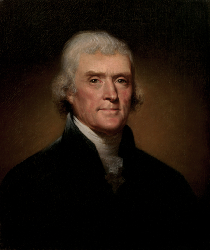 Painting of the third U.S. president, Thomas Jefferson in front of a brown background with a dark vignette. He wears a black coat and a white lace cravat.