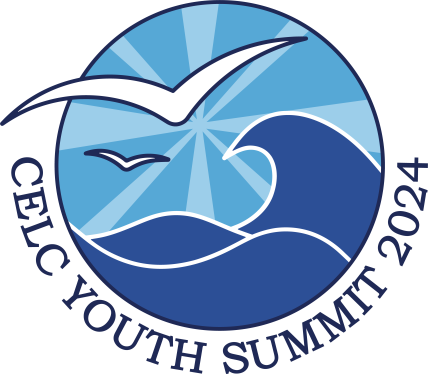 Circle graphic with seagull flying over the ocean and the text ‘CELC Youth Summit 2024’