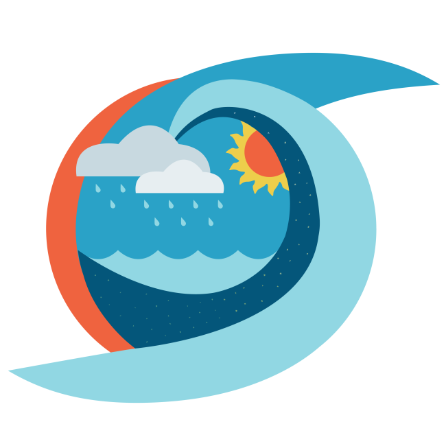  A graphic of the ocean, sun, sky, and rain clouds connected into a hurricane-like symbol. Specs in the water indicate other molecules, like carbon.