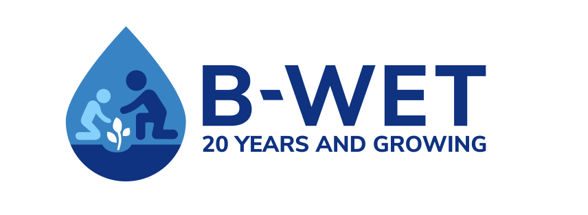 B-WET’s 20th Anniversary logo: It reads “B-WET 20 years and growing.” To the left of the text is a water drop shape and inside there a sketch of two people kneeling with a plant between them. 