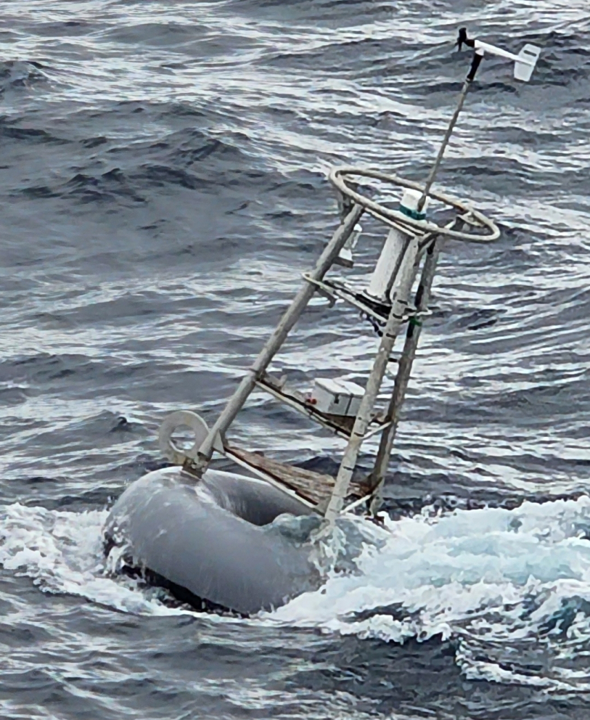 A TAO buoy after deployment. TAO buoys are generally placed 120 and 180 nautical miles apart depending on their position in the array. Engineers design the buoys to be robust enough to persevere through significant storms. The placement of the weather sensors is very important. For example, the anemometer, also known as the wind sensor, must be placed high enough to accurately capture wind speed by reducing the effects of air sea interaction. 